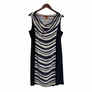 Tory Burch silk stripe sheath dress size 12 blue white sleeveless classic work